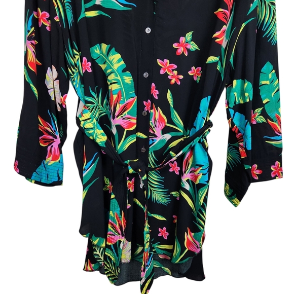 Vici Black Hawaiian Floral Button Up Belted Swimsuit Cover Up Womens Size Small - Picture 4 of 11